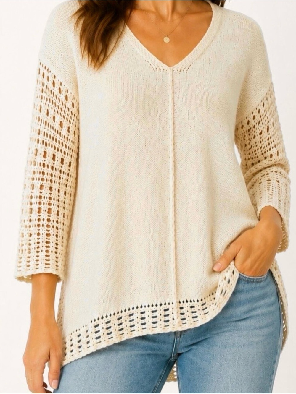 Lucky Brand Cream Open Knit Sweater Crochet Sleeves Button Back